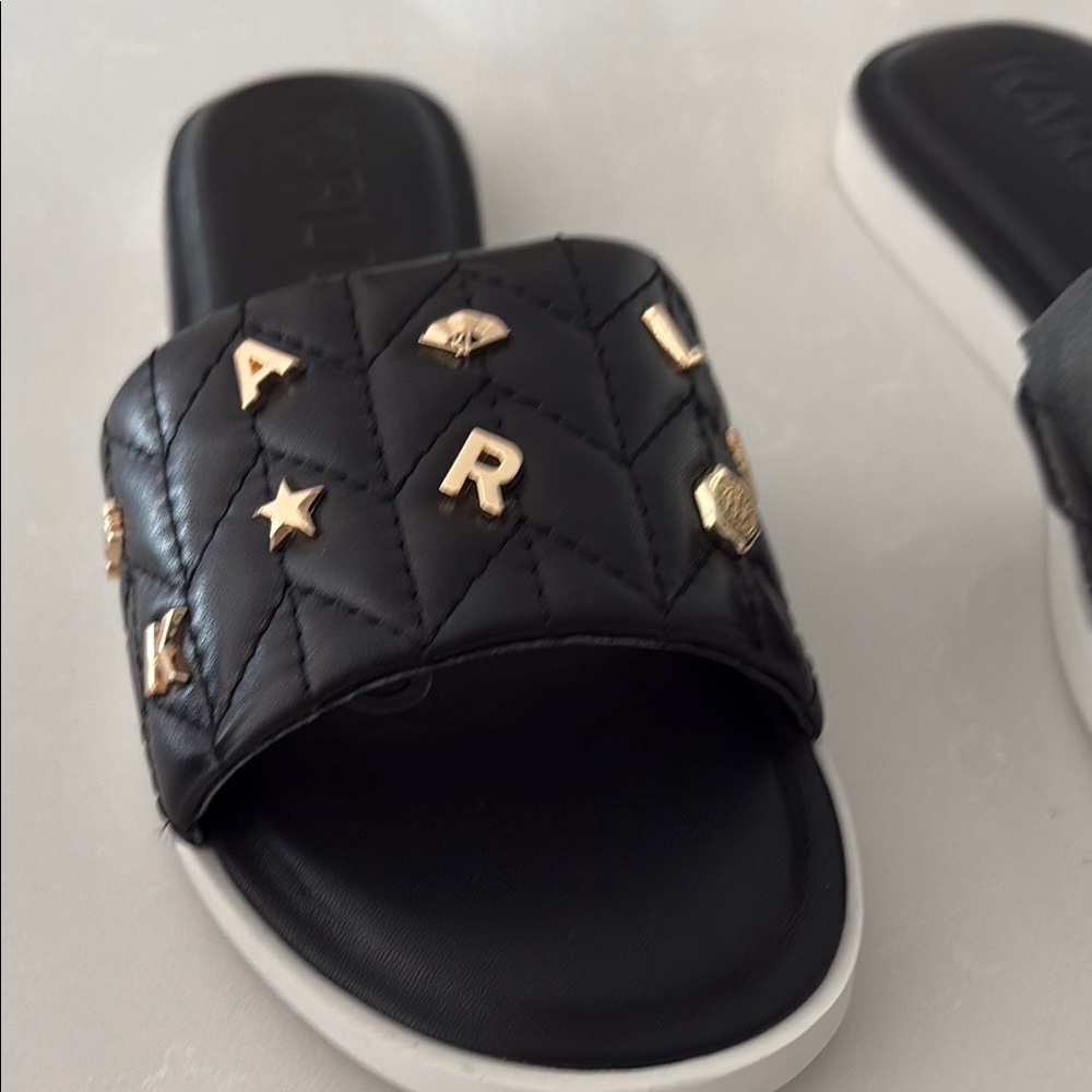 Karl Lagerfeld Black Slides with Gold Lettering